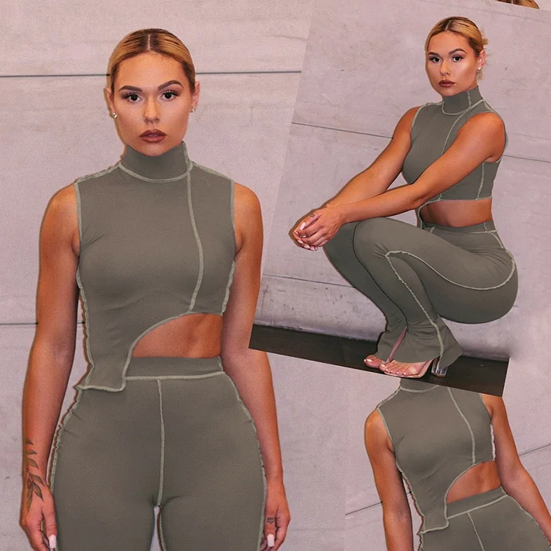 Wholesale 2021 new fashion 2 piece set women clothing cut out top stacked flare pants high waist grey set