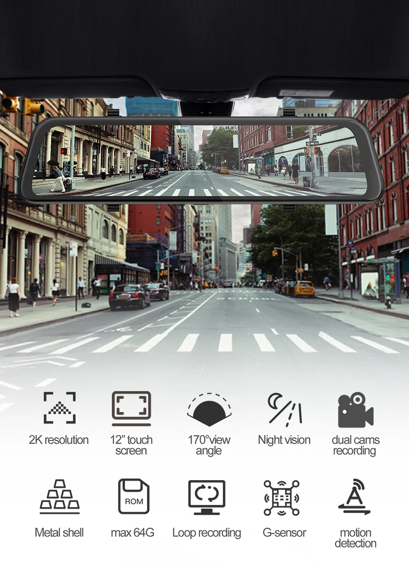 2k Resolution Dash Cam 12 Inch Car Rearview Mirror Dvr Fhd 1440p