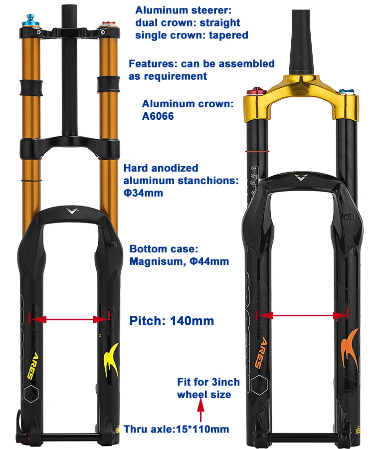 Custom Bicycle Bolt Thru Axle Suspension Fork With 140mm/150mm/160mm