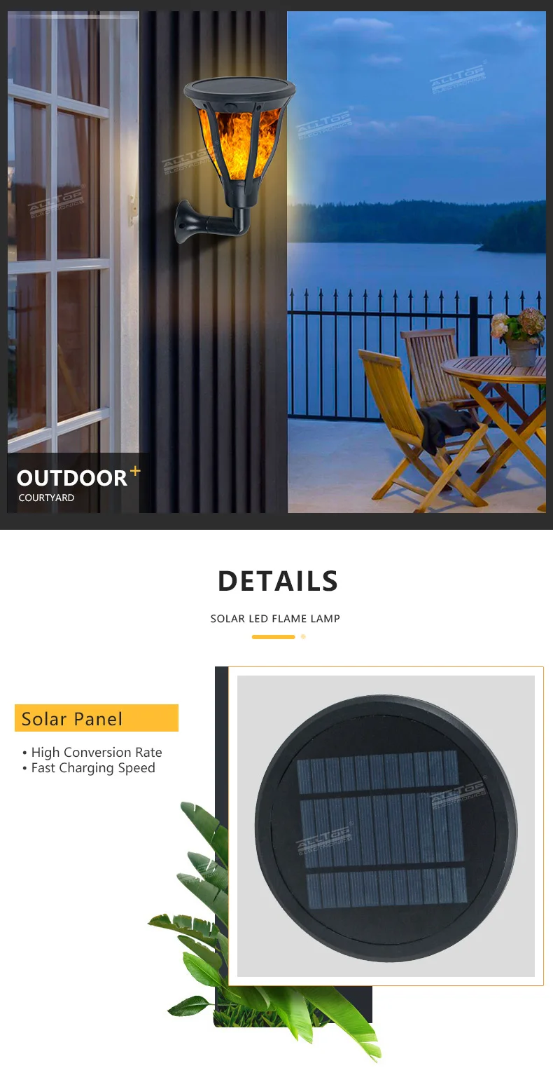 ALLTOP High quality ABS housing outdoor park raod lighting 2w ip65 flame led solar garden light