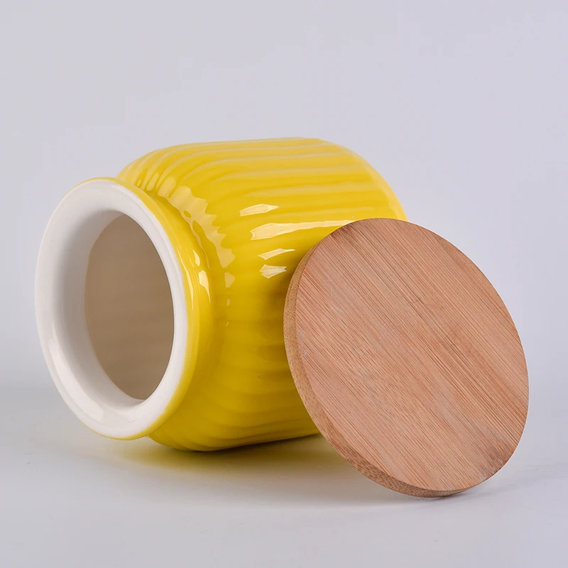 Wholesale Yellow Ceramic Candle Jar with Bamboo Lid Home Decoration