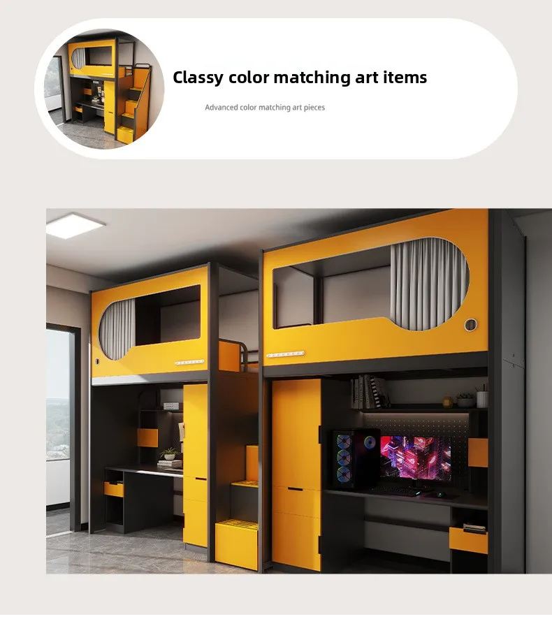 product modern iron panel bed school dormitory apartment loft bunk bed with desk-5