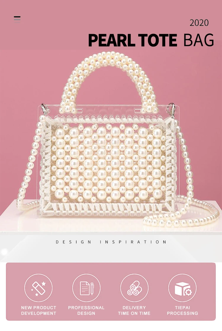 Wholesale Luxury designer pearl bag clear transparent acrylic beaded box  totes bag women party vintage woven handbag 2020 white pink From  m.