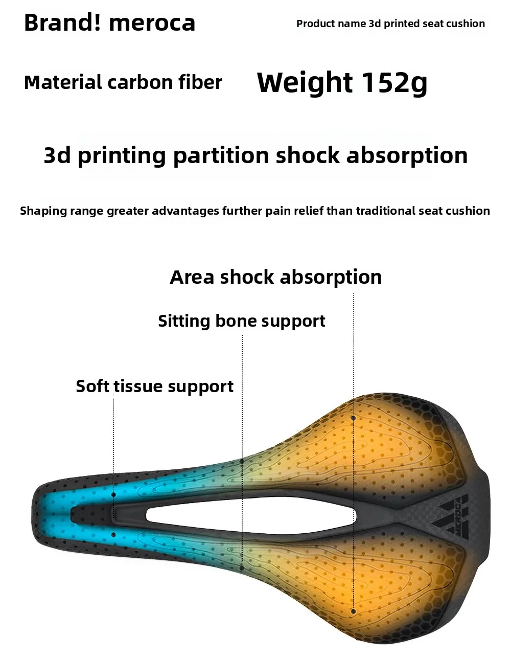 Meroca Vg R1 3D Printed Carbon Fiber Bottom Cushion T800 3K Simple Style Enhanced Shock Absorption Comfort Ventilation Function