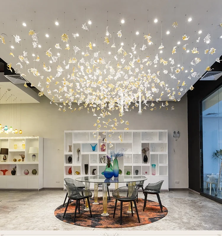 fashion modern clear white glass leaf art deco ceiling chandelier lighting for hotel banquet hall teardrop chandeliers