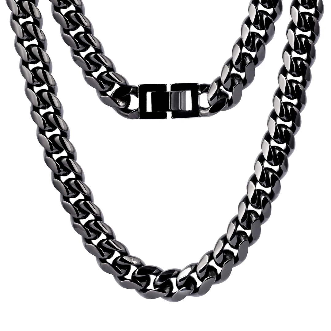 KRKC Men 10mm Black Plated Stainless Steel Miami Cuban Link Necklace Metal Curb Choker Charm Jewelry Black Chain Necklace