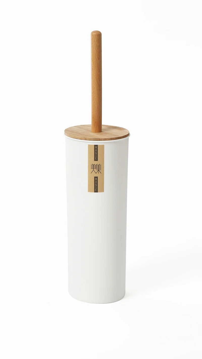 Household plastic round bathroom cleaning toilet brush and holder set kit with wood handle