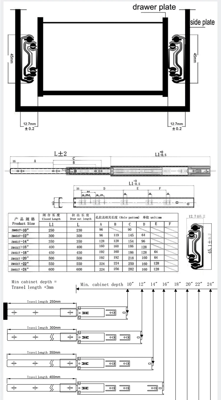Furniture Hardware Stainless Steel 201 Ball Bearing Drawer Slide