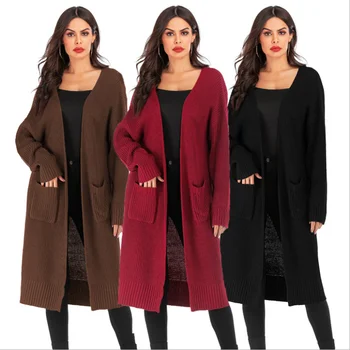 New Design Fashion Long Women Knitting Cardigan Solid Color Plus Size Sweater Coat