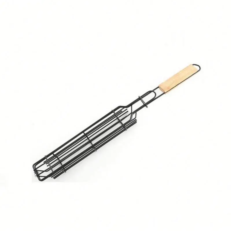 Outdoor Home Grill Stainless Steel BBQ Utensils Wood Handle Heat Resistant Non-Stick Skewers Vegetable Splint Cage Metal Tools details