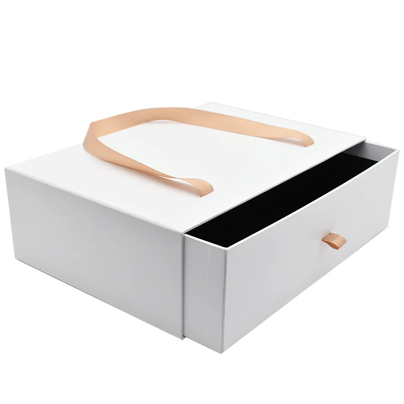 High Quality Large White Cardboard Gift Drawer Box Black Sliding Paper Packaging Embossed Design Ribbon Bag for Packaging Boxes supplier