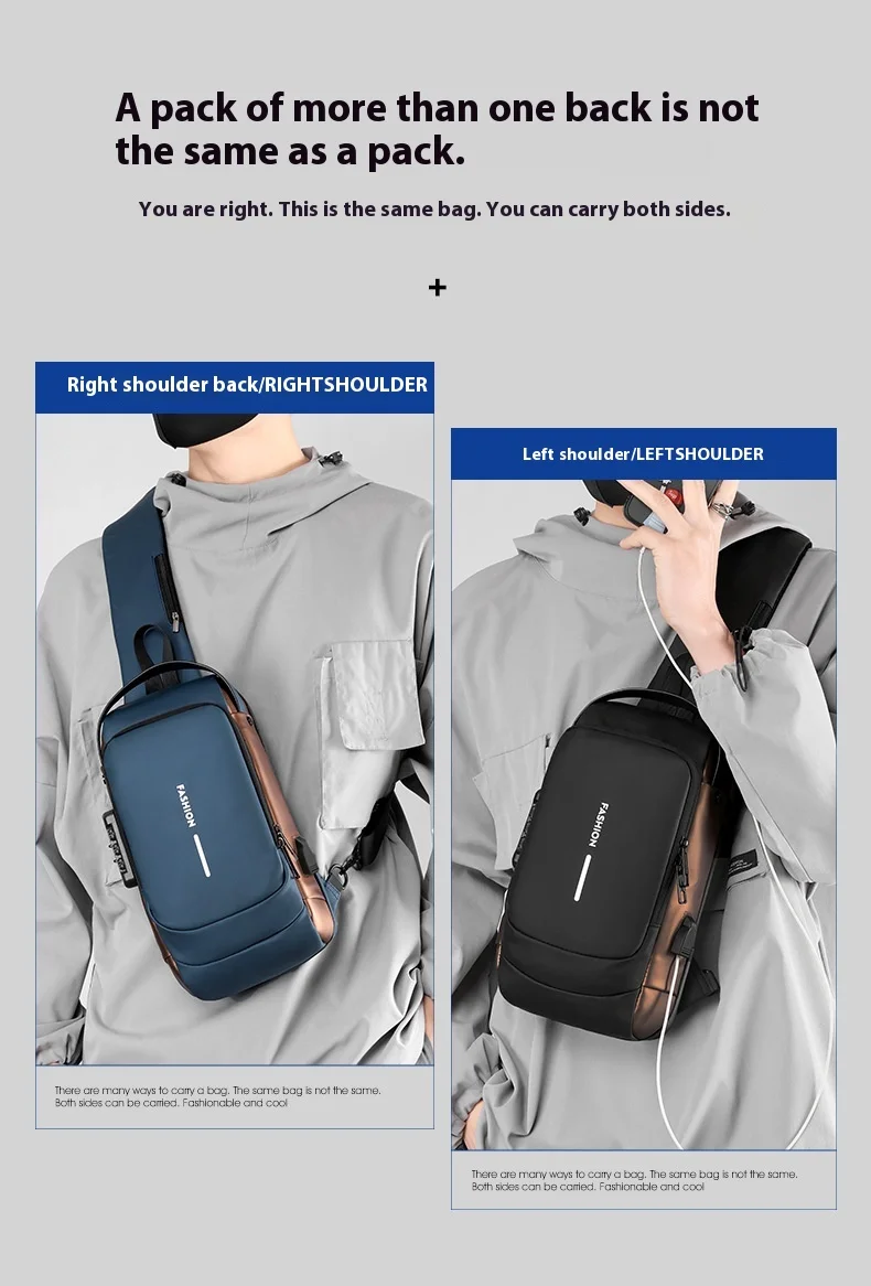 Men's Fashionable Water-Repellent PU Backpack USB Charging Chest Bag with Single Shoulder Cross-Body Design
