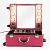 Pink plain PU leather inline skate roller makeup artists train case trolley cosmetic case with lighted mirror
