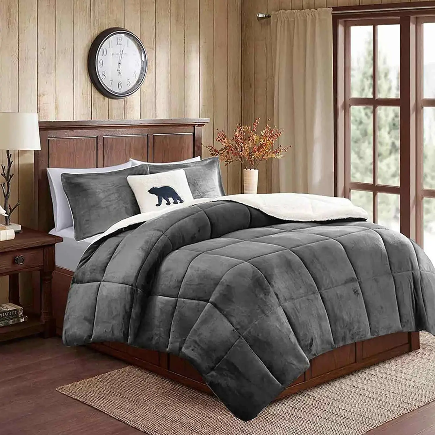 Sherpa Queen Size Comforter Set 3 Pcs(1 Comforter+2 Pillowcases),Grey