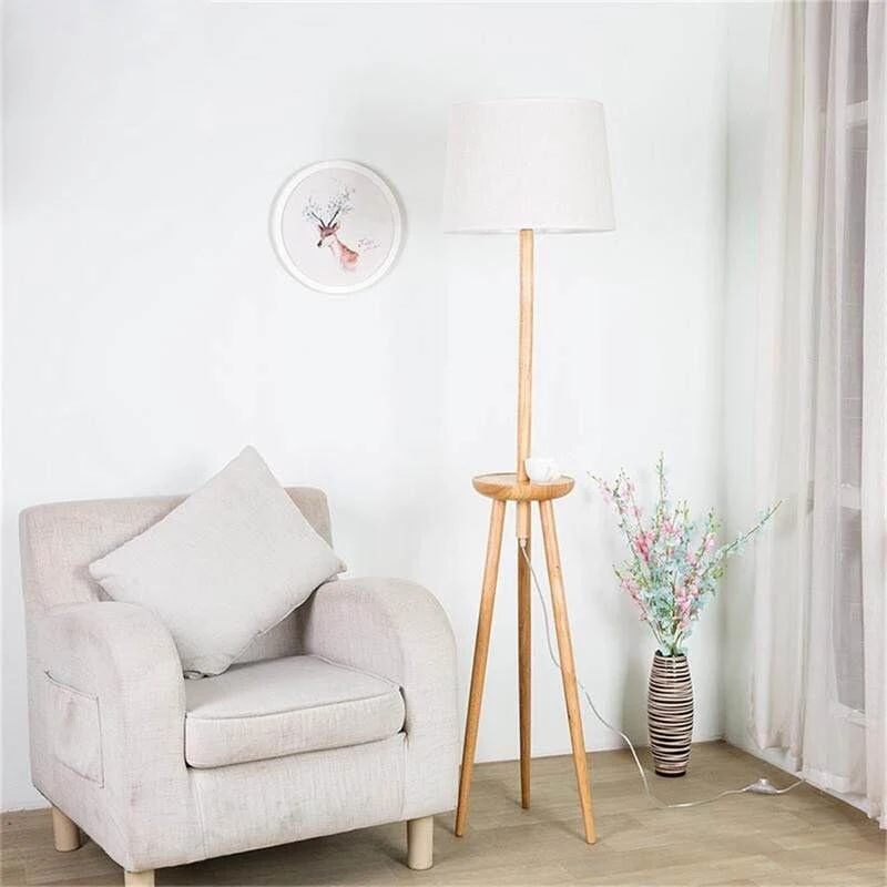 Home lighting fabric lamp shade wooden standing floor lamp tripod floor light