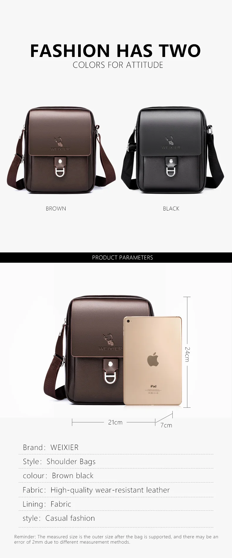 WEIXIER 8643 Brand New Fashion PU Leather Men Messenger Bags Casual Men's Shoulder Bag Zipper Crossbody Business Male Handbag