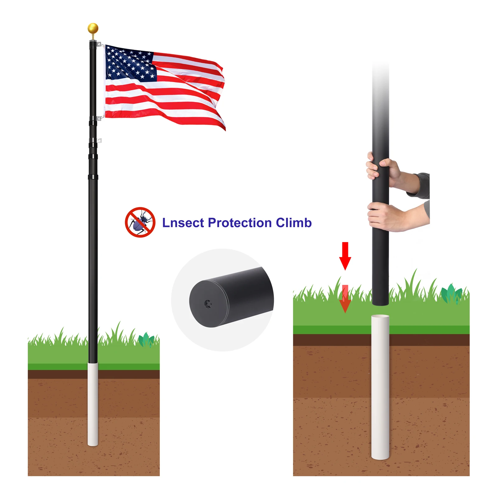 25ft Telescopic Flagpole High Performance New Style Black Poles