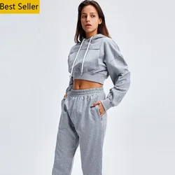 CHS0001W crop hoodie winter sports suit stacked joggers cord sets sexy women clothing sweatpants suit trousers two piece set
