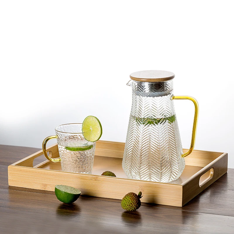JIAQI Glass Jug 1 Litre Glass Water Jug with Bamboo Wood Lid for Loose Leaf Tea Pot Hot Cold Water Juice Pitcher
