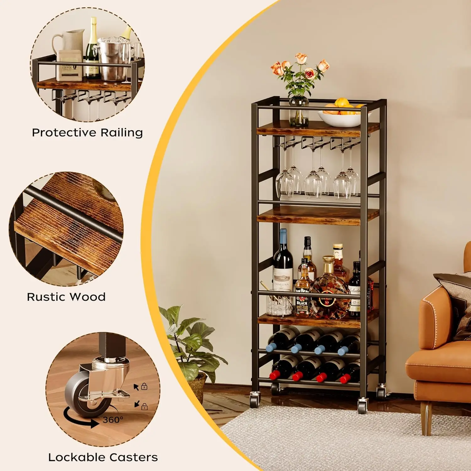 product bar cart with 5 tier shelf mobile kitchen shelf with wine rack and glass holder mini bar cart for small spaces rustic brown-2