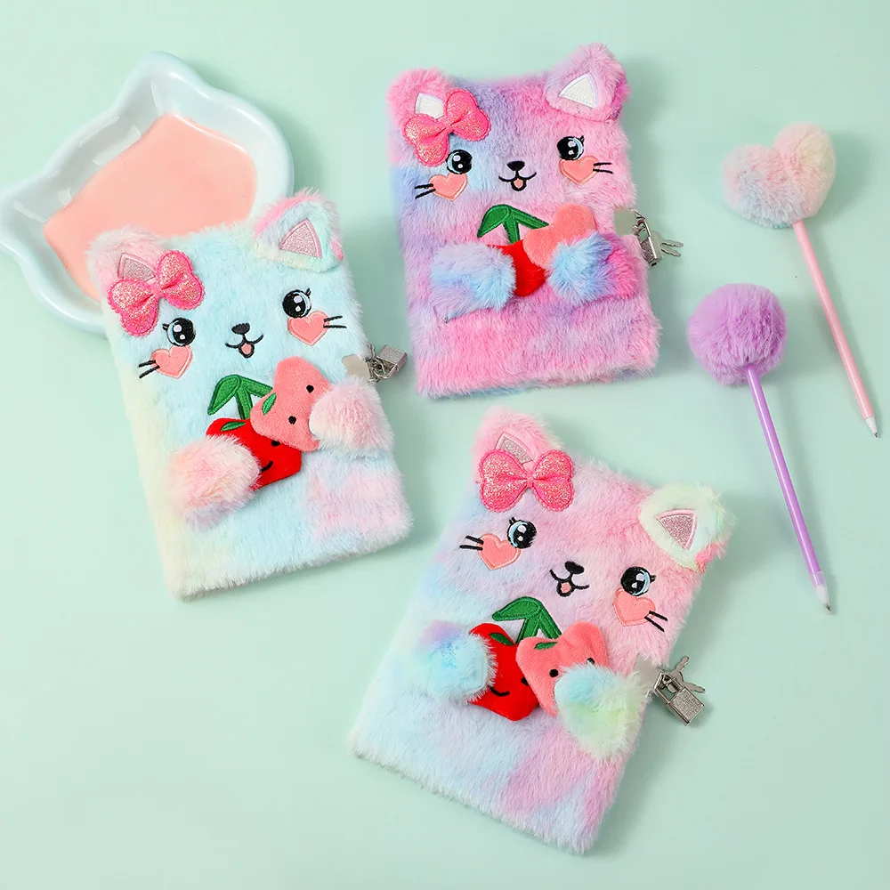 Little Girl Cartoon Cat Diary A5 Lockable Fluffy Notebook Gift Dairy ...