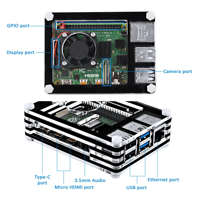 Raspberry Pi Acrylic Case Kit with Switch Power Supply & Cooling Fan & Heatsinks 