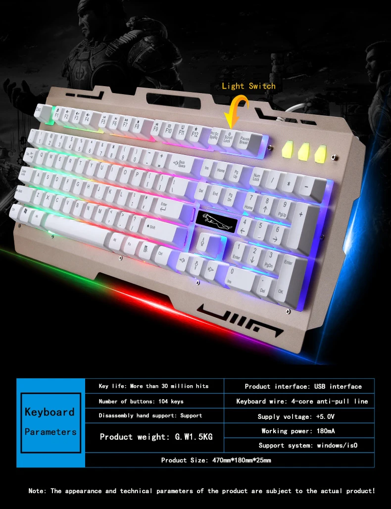 USB Wired  Ergonomic LED Rainbow Color Backlight One handed Mechanical Gaming Keyboard Combo Mouse Set For PC