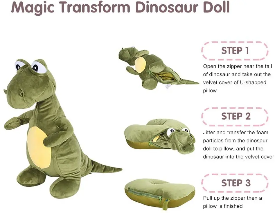 Amosfun Dinosaur Hooded Neck Pillow Plush Animal Travel Pillow Stuffed Doll Toy for Children Adults 