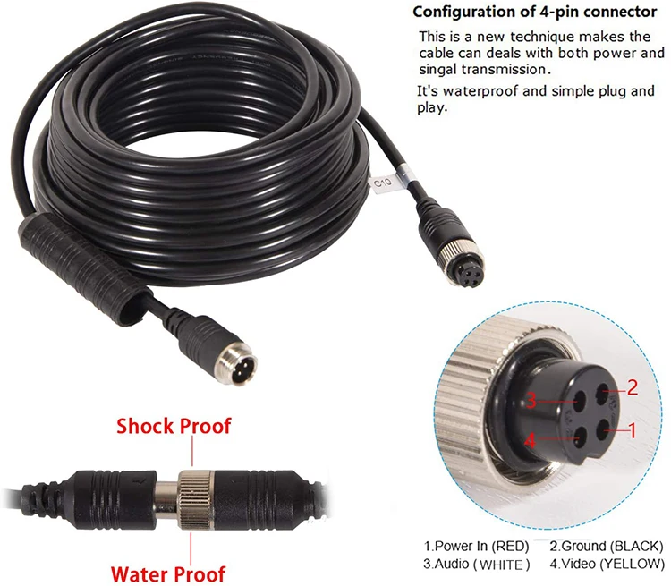 Waterproof Video Power Extension Cable 4pin Connectors For Car Monitor CAM Lots 