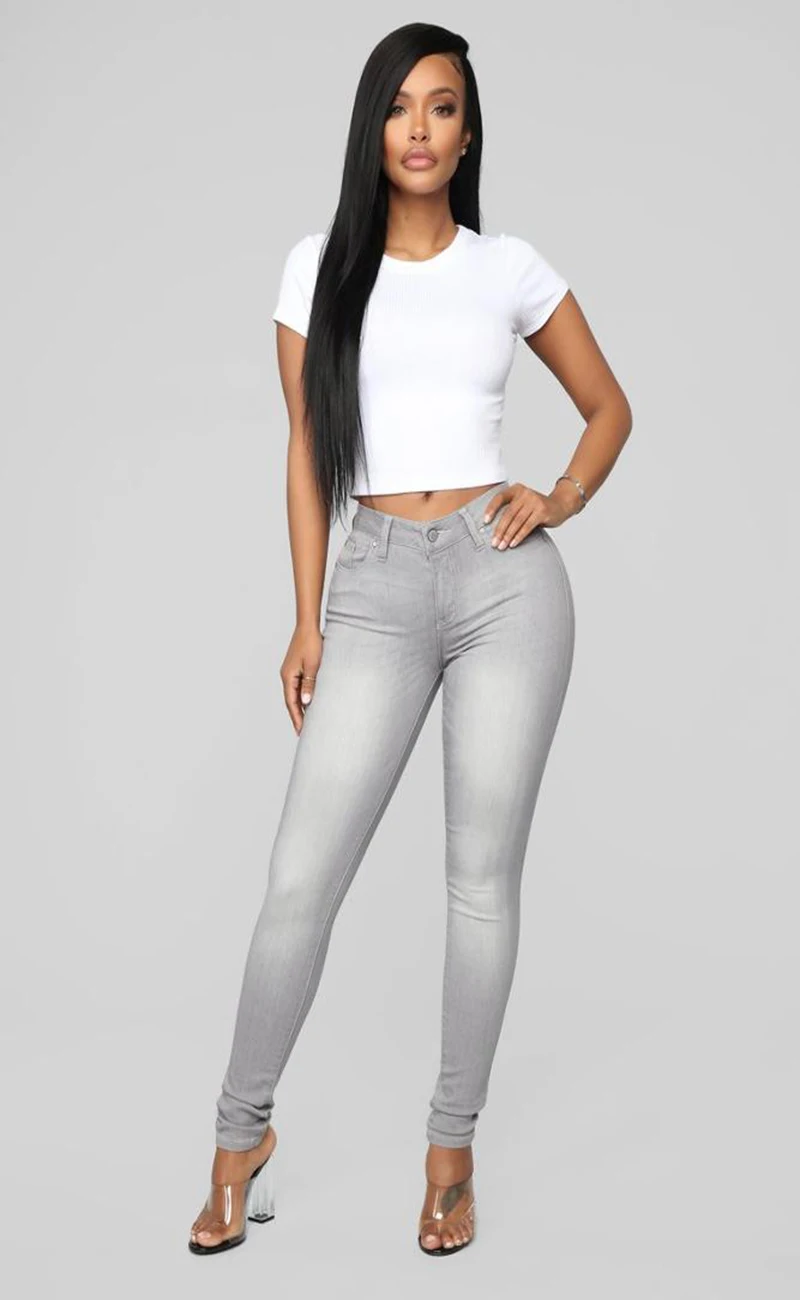 OEM Wholesale High Waist Skinny Stretch Grey Denim Pocket Women's Jeans Spring