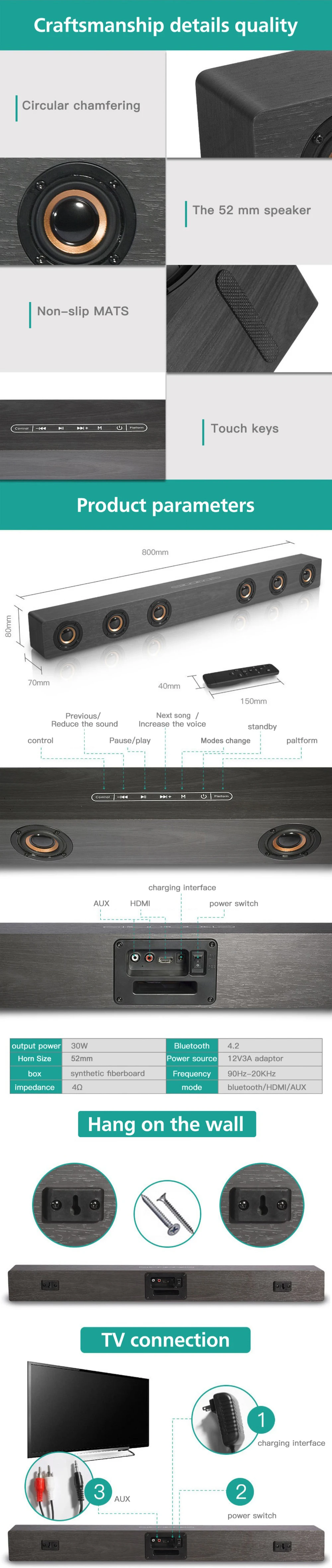 Wireless TV Soundbar Bluetooth Speaker 30W Sound Bar Hifi Stereo Sound Wooden Sound Bar with RCA AUX HDMI For TV Home Theater - ANKUX.COM