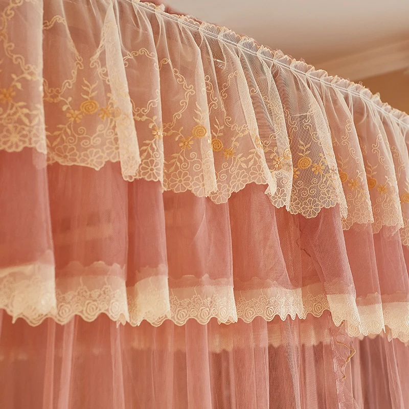 Fashable Double Bed Romantic Square Guide Rail Lace Embroidery Adult Baby Mosquito Net
