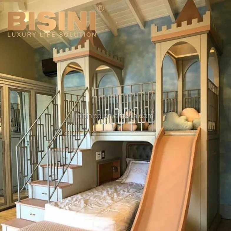 Customized Wooden Castle Playing Bunk Bed with Ladder and Storage