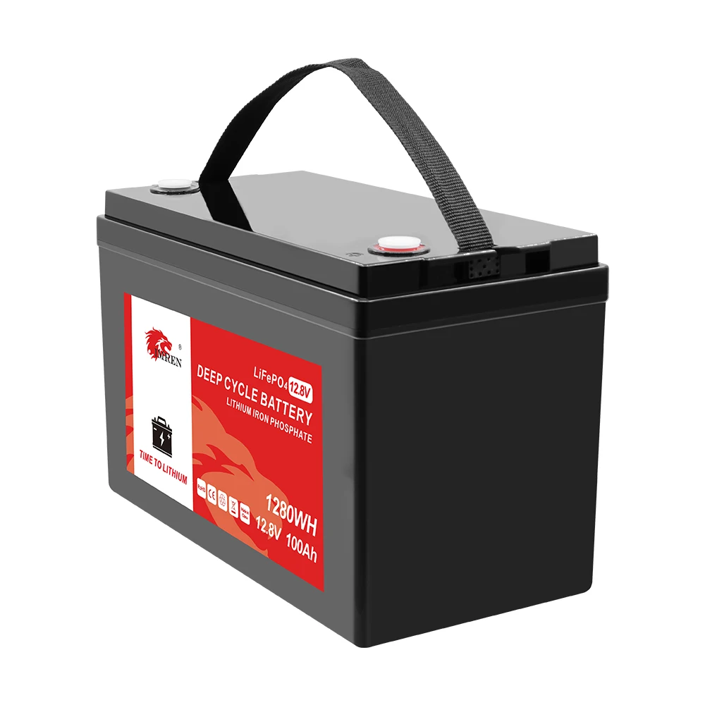 Side-by-side comparison of 12V 100Ah LiFePO4 and AGM batteries showing size and weight difference
