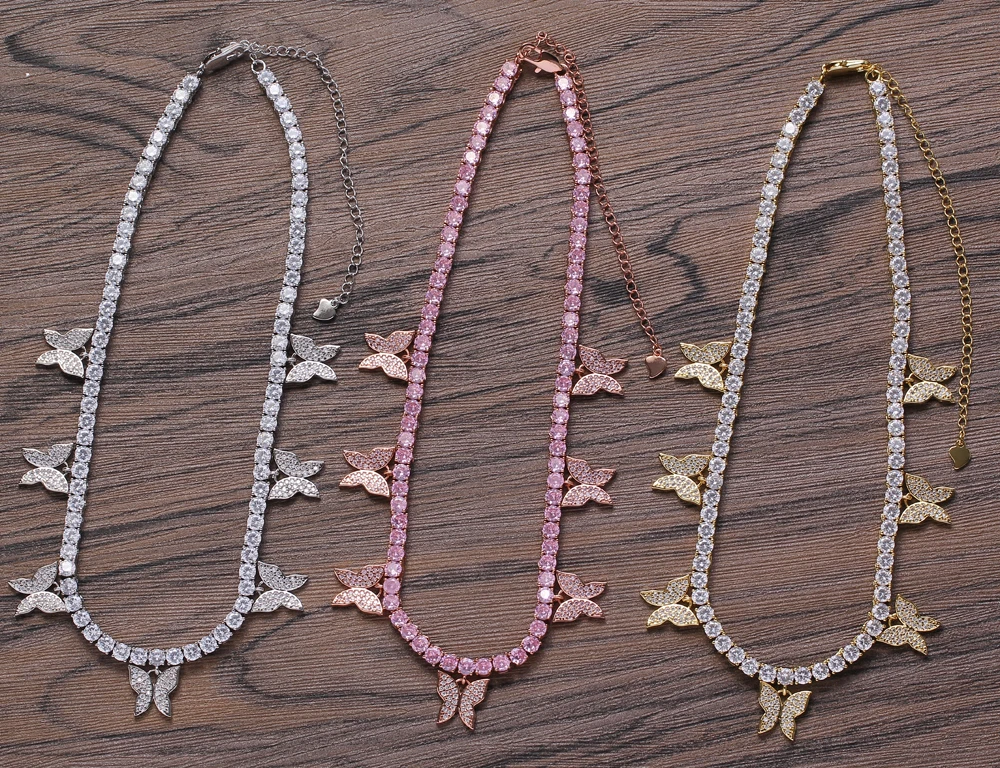 Bc110 4mm Brass Cz Tennis Chain With 7 Butterfly Charm Necklace With