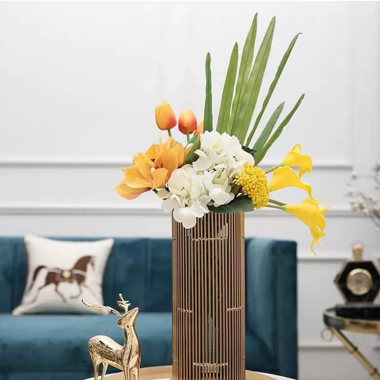 现代轻奢垂直拼接金色金属玻璃花瓶插花容器家居装饰