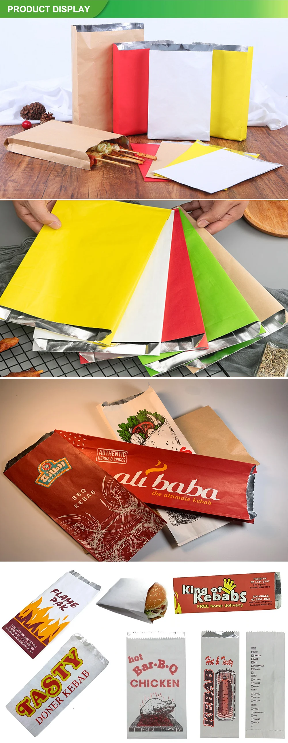 Custom Plain Color Aluminium Foil Three Side Seal Food Packaging Pouch Bag Pour Épices Greaseproof Kebab Paper Bread