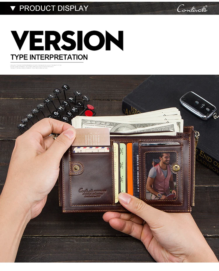 Contact's Genuine Leather Vintage Wallet for Men RFID Blocking Bifold with 2 Zipper Coin Pockets