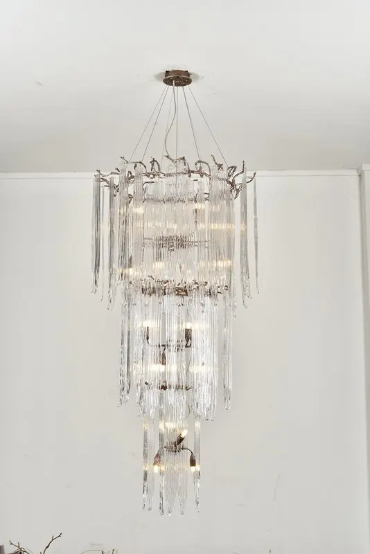 MEEROSEE Modern Hotel Foyer Villa Large Hanging Light Fixture Copper Crystal Long Staircase Chandelier for High Ceiling MD86942