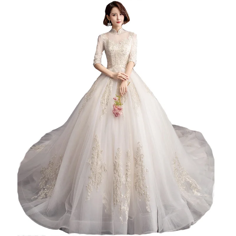 2019 High Neck Lace Half Sleeve Light Champagne Lace Wedding Gown Vintage Bridal Gown with long tail