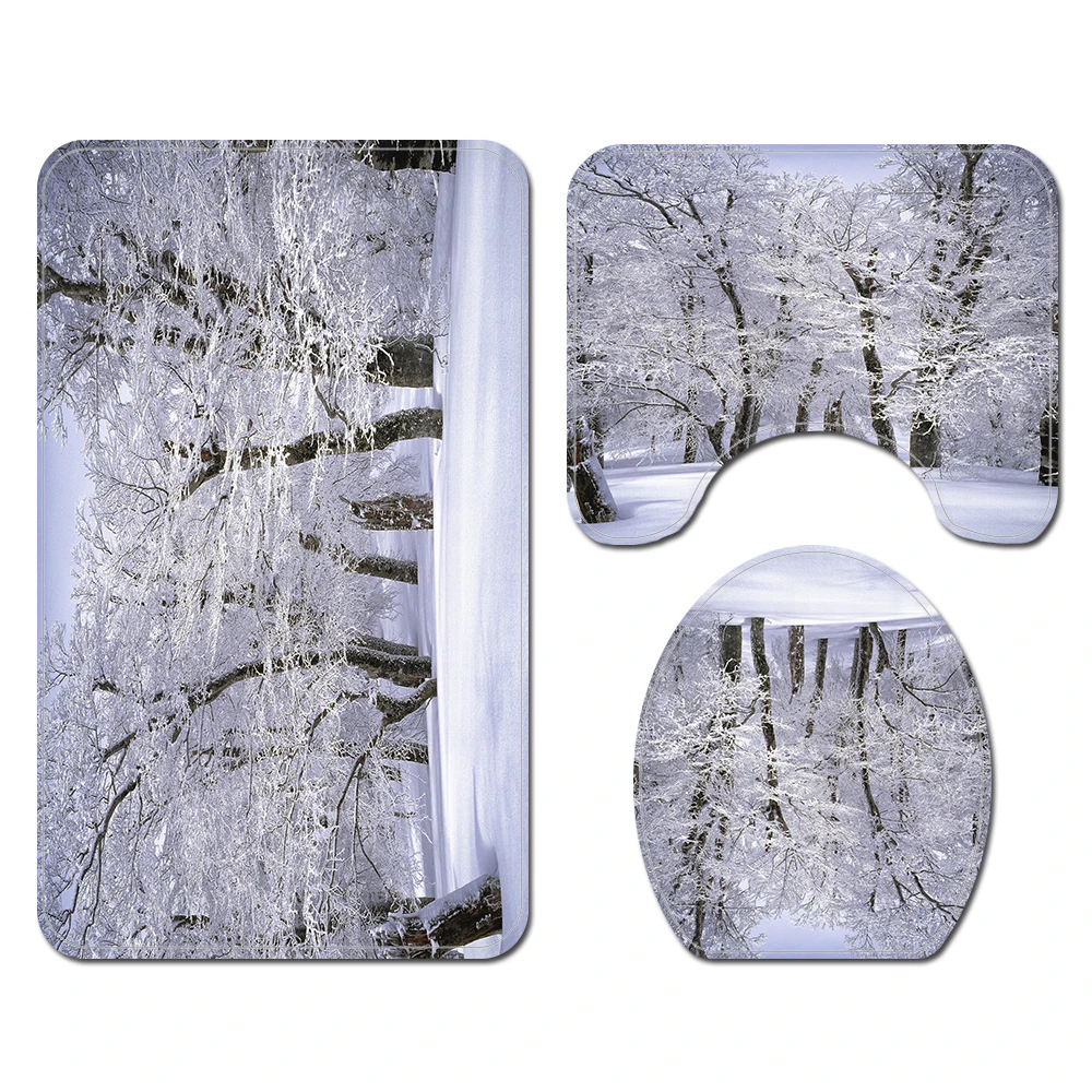 Scenery Shower Curtain Lid Toilet Cover Bath Mat Rug with Hooks Bathroom Accessory Sets