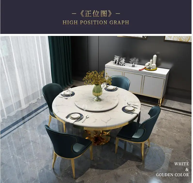 Luxury Marble Dining Table With Turntable Stainless Steel Legs Marble