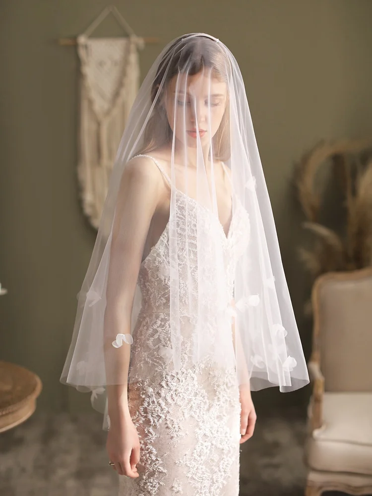 Super Fairy Double Layer Bridal Veil Hand-Sewn Flower Bow Soft Long Wedding Head Veils