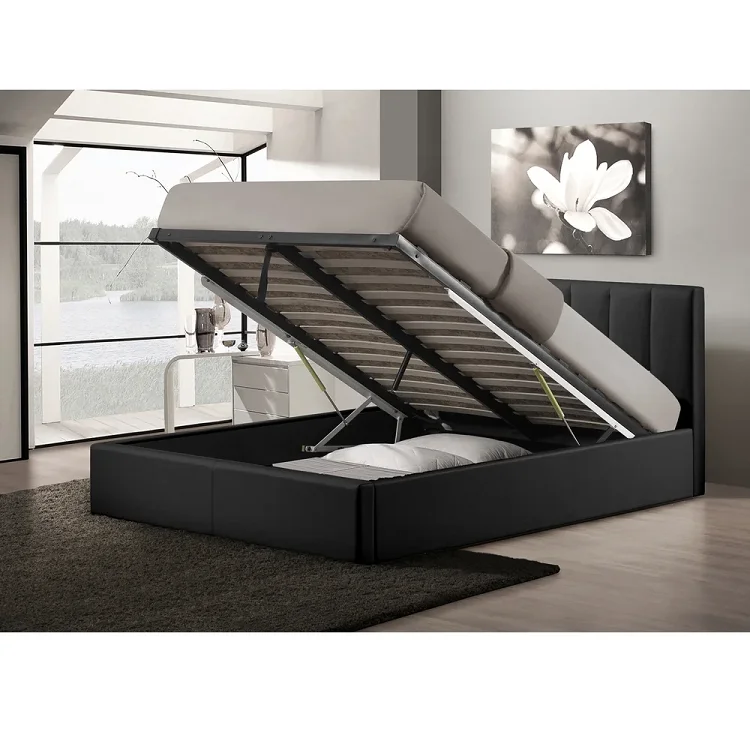 Upholstered Metal And Wood Bed Frame With Gas Lift Black Faux Wood Bed Frame With Gas Lift Black Faux