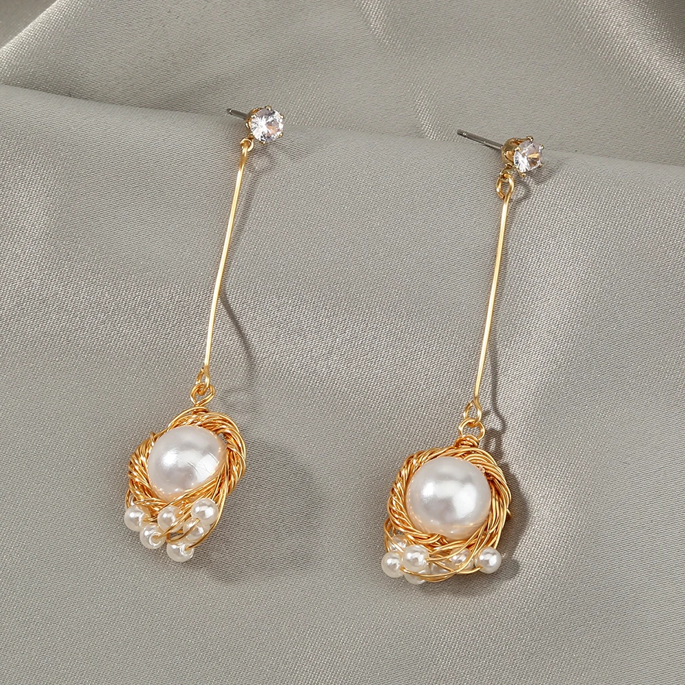 时尚复古巴洛克珍珠有线缠绕s925真金锆石耳环女士饰品