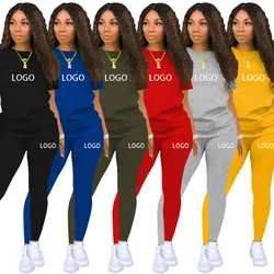 Fall 2021 Women Clothes Fashion Pure Color Sports Short Sleeve Fitness Trousers Suit Leisure Two Piece Pants Set