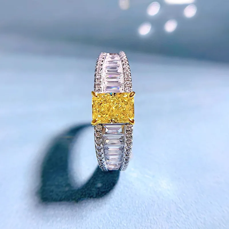 2025 Collection High Carbon 925 Silver Yellow Diamond Ring Radiant Cut 5*7mm Lab Diamond Style Best Seller Rhodium Plated