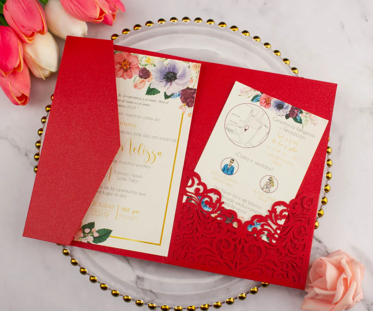 Red Lace Wedding Invitation Cards Red Wedding Theme PB2000-R