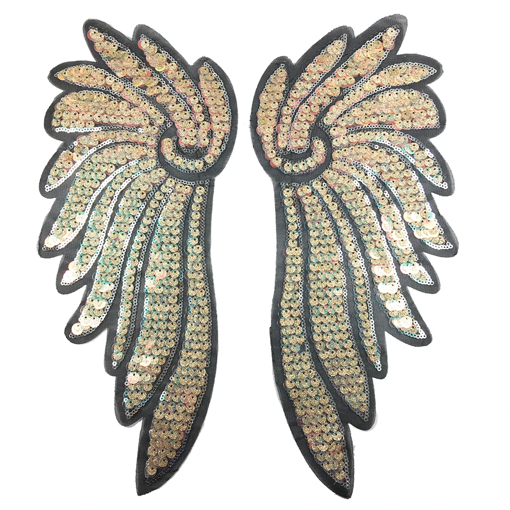 High Quality Large Gold Angel Wings Pair Heat Transfer Embroidery Sequin Patches For Jacket 6181