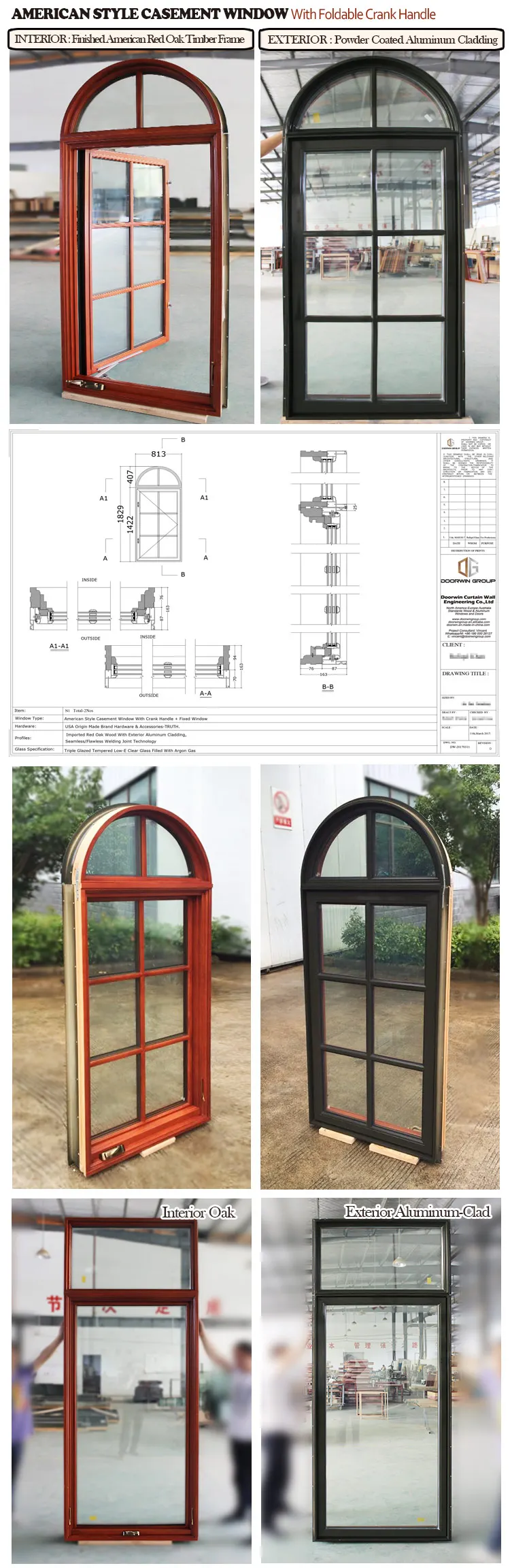 Hot Sales Round Top Special Shape CE NFRC outswing outward opening window solar glass film traditional window with fly screen